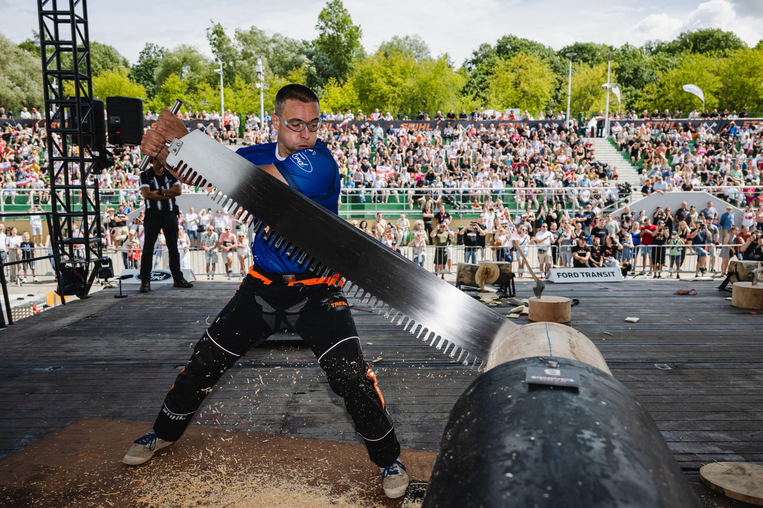 Andrea Rossi of Italy performs during the STIHL TIMBERSPORTS® European Trophy 2023 in Poznan, Poland on July 30, 2023.