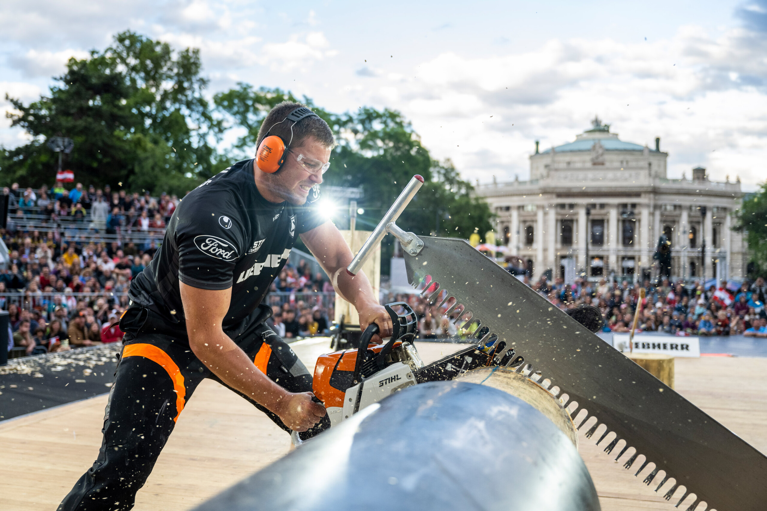 Jack Jordan of New Zeland performs during the STIHL TIMBERSPORTS® World Trophy 2022 in Vienna, Austria on May 28, 2022.