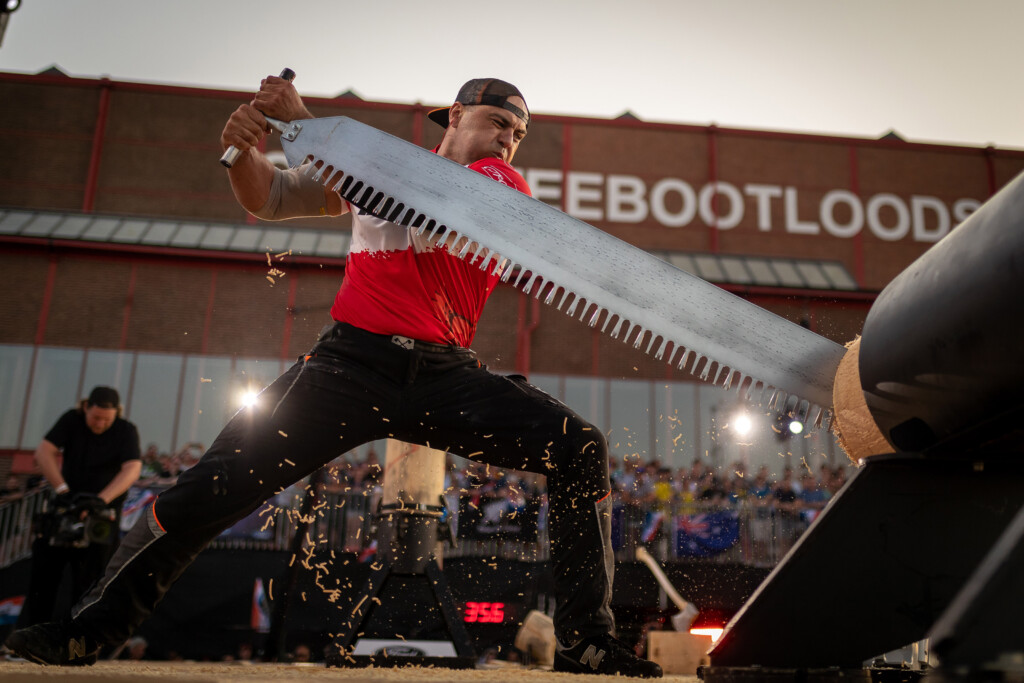 Michal Dubicki of Poland performs during the STIHL TIMBERSPORTS® World Trophy 2023 in Rotterdam, Netherlands on June 10, 2023.
