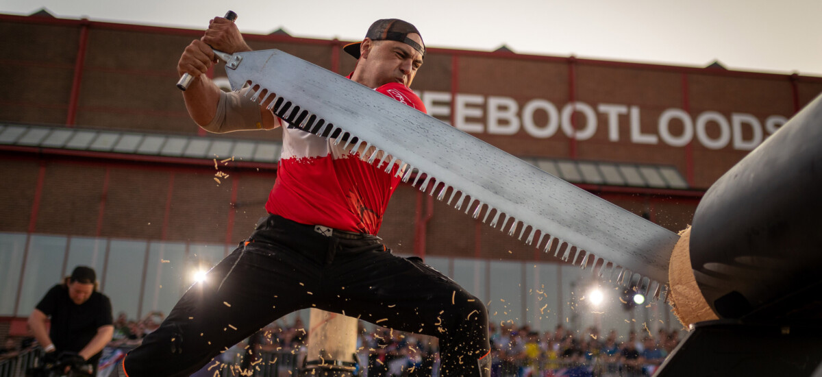 Michal Dubicki of Poland performs during the STIHL TIMBERSPORTS® World Trophy 2023 in Rotterdam, Netherlands on June 10, 2023.