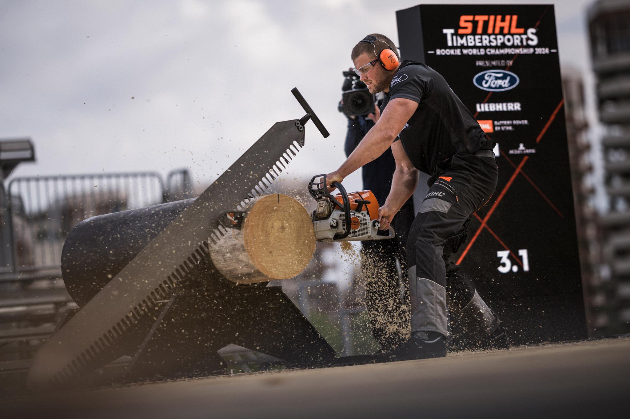 Jack Jordan of New Zealand performs durin Time Trials of the STIHL TIMBERSPORTS® World Trophy 2024 in Milano, Italy on May 24, 2024.