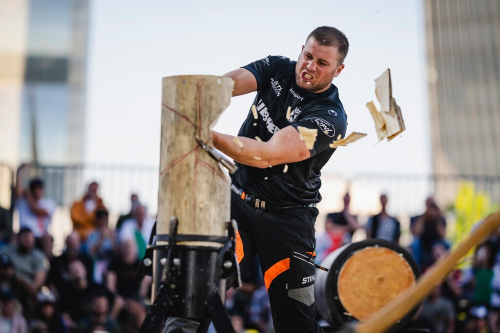 Jack Jordan of New Zealand performs during the STIHL TIMBERSPORTS® World Trophy 2024 in Milano, Italy on May 25, 2024.