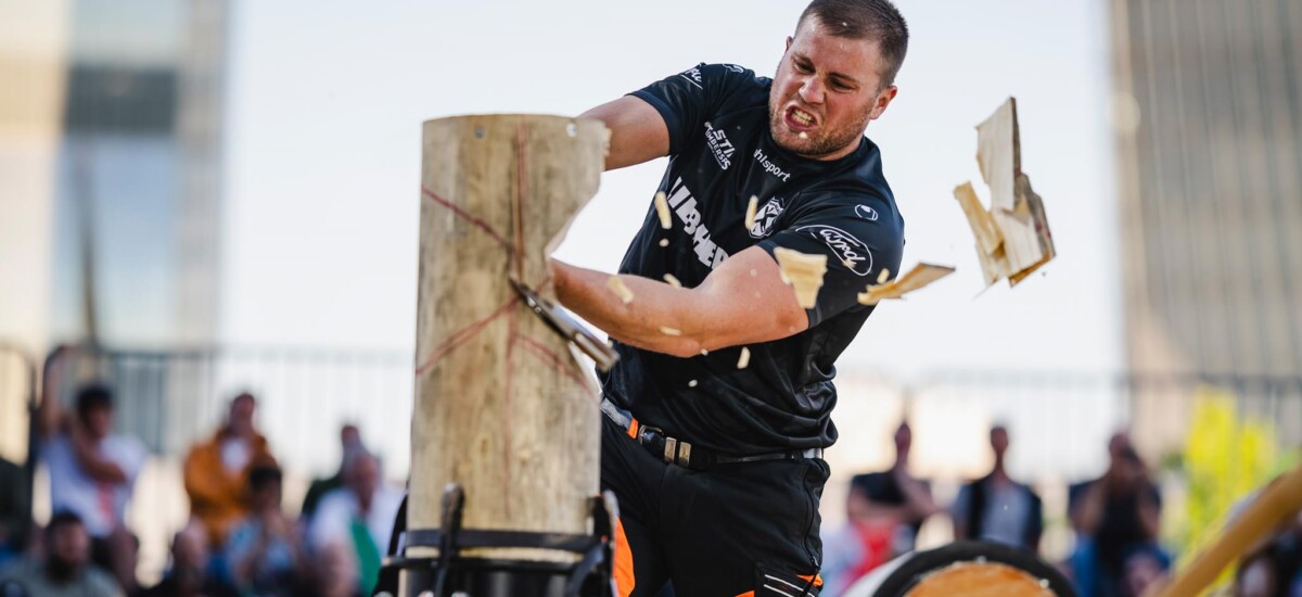 Jack Jordan of New Zealand performs during the STIHL TIMBERSPORTS® World Trophy 2024 in Milano, Italy on May 25, 2024.