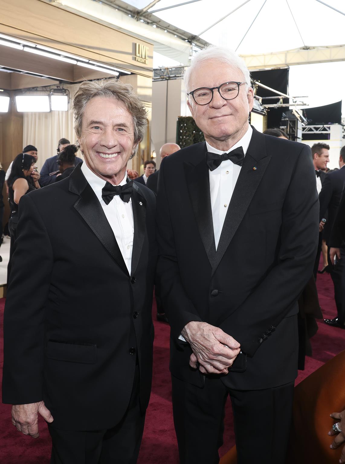 Martin Short, Steve Martin and Zendaya at the 82ND ANNUAL GOLDEN GLOBES®, airing live from the Beverly Hilton in Beverly Hills, California on Sunday, January 5, 2025 at 8 PM ET/5 PM PT, on CBS and streaming on Paramount+. Photo: Stewart Cook/CBS ©2025 CBS Broadcasting, Inc. All Rights Reserved.